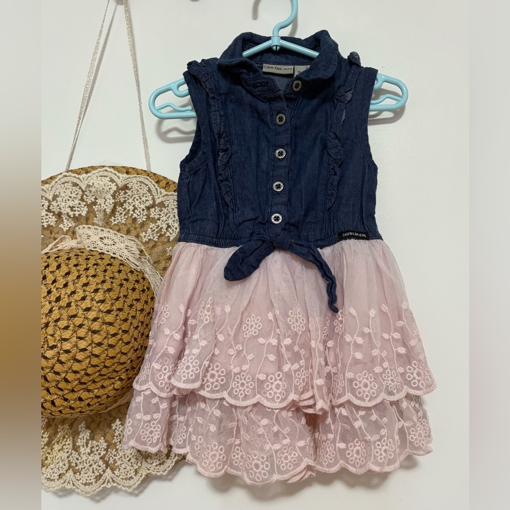 Calvin Klein Navy and Pink Lace Dress